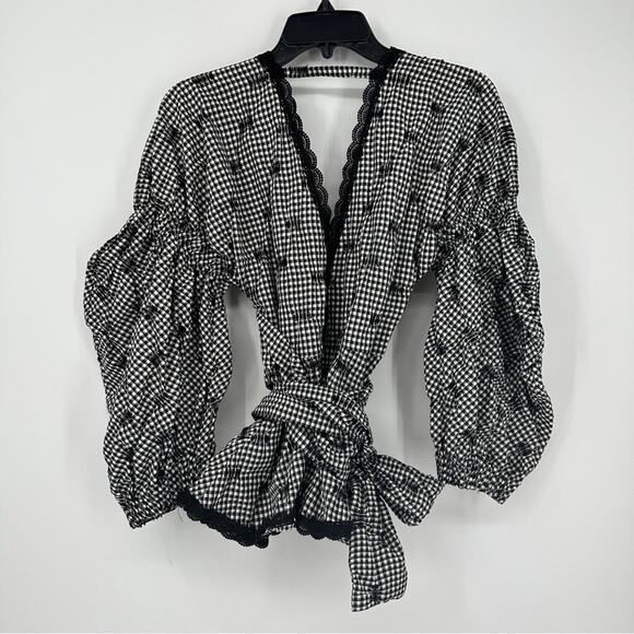 SALE!!!Jonathan Simkhai Black White Checkered  Wrap Blouse Size 4 - Picture 2 of 8